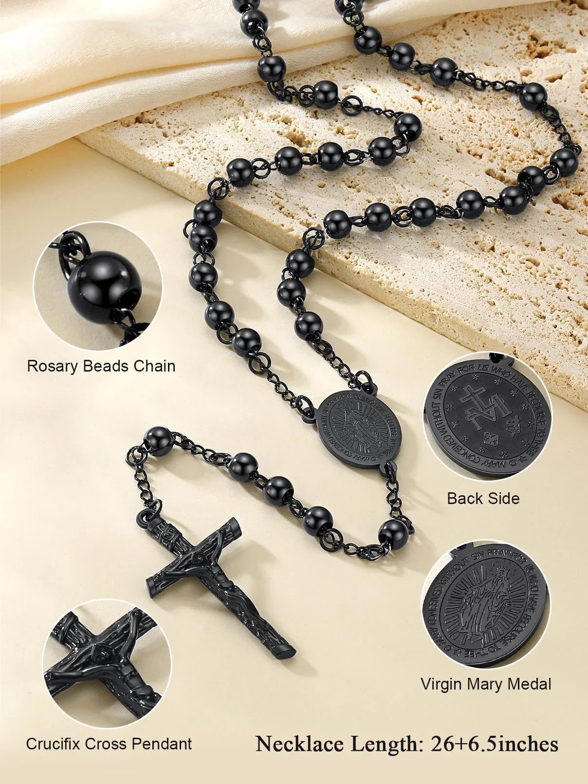 Unisex Black Rosary Necklace โ Virgin Mary & Jesus Crucifix Pendant - Bela Fils BoutiqueBela Fils Boutique